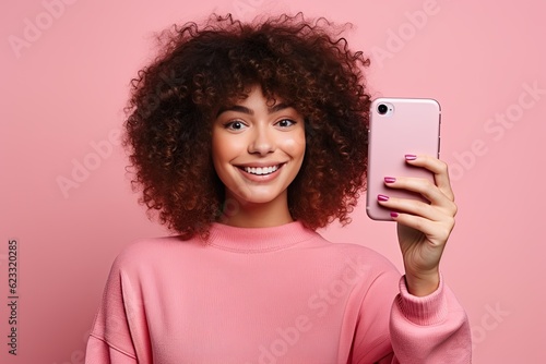 Tech Savvy Recommendation - Cheerful Woman Holding Blank Cell Phone Mockup