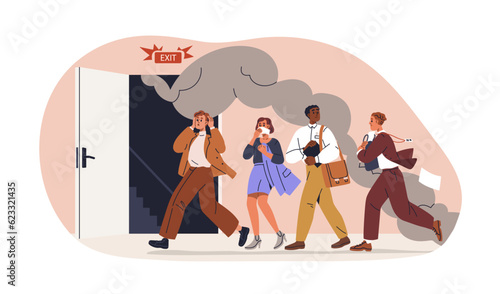 Evacuation in fire emergency, urgency situation. People running away, escaping, leaving building with smoke from exit door. Men, women evacuating. Flat vector illustration isolated on white background