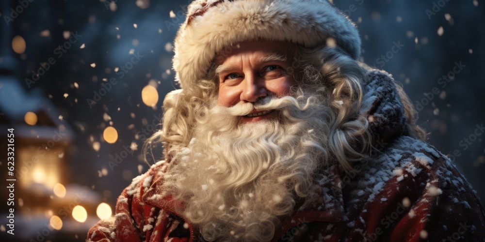 Merry Christmas holiday winter holiday background greeting card santa claus sitting on a Christmas sleigh with reindeer snowflakes and sun bokeh lights Merry Christmas holiday winter holiday background greeting card santa claus sitting on a Christmas sleigh with reindeer snowflakes and sun bokeh lights