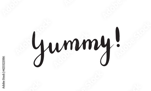 Yummy word. Printable graphic. Design doodle for print. Vector illustration.Cartoon hand drawn calligraphy style. 
