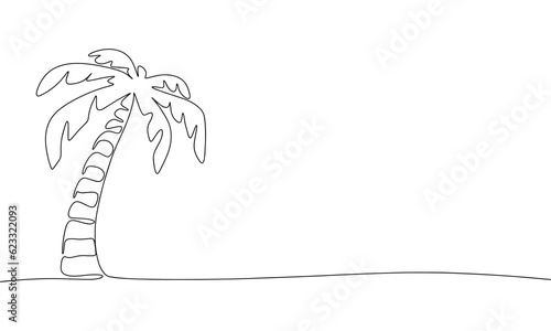 One line continuous palm tree. Concept minimal travel banner. Line art, silhouette, outline, vector illustration.