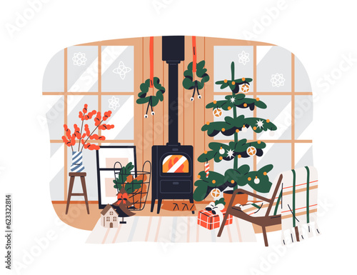 Christmas home interior. Festive living room with Xmas tree, baubles, fir wreaths, fireplace, cozy armchair with plaid, holiday decorations. Flat vector illustration isolated on white background