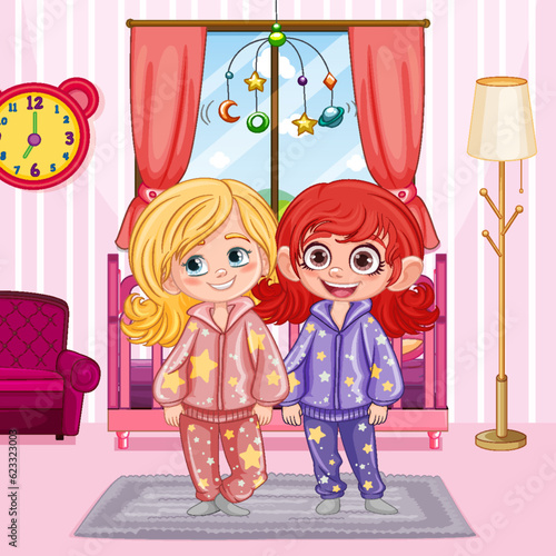 Children in bedroom wearing pajamas