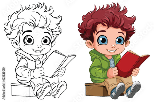 Cute Boy Reading Book Outline for Colouring