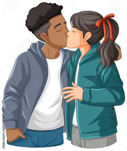 Interracial couple cartoon kissing