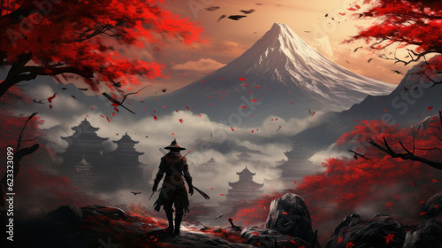 samurai on the background of Mount Fuji.