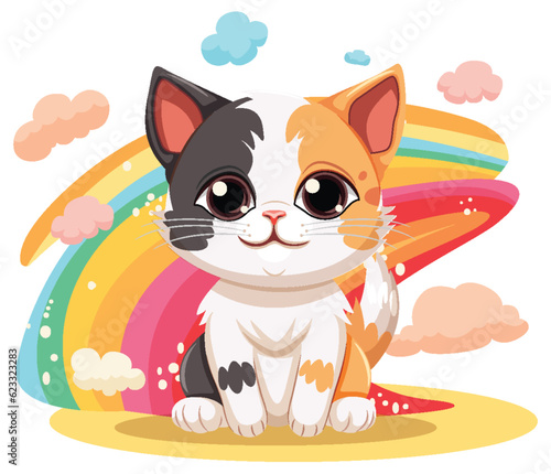 Cute cat cartoon character with rainbow isolated