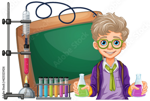 Male student cartoon holding conical flask on science class experiment