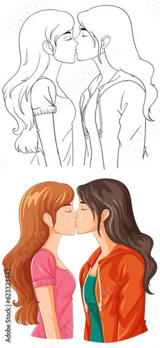 Lesbian couple cartoon kissing doodle outline