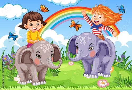 Two Girls Riding Elephants with Rainbow and Butterfly