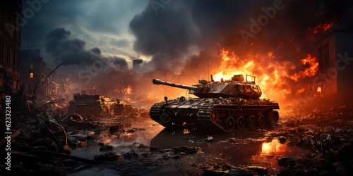 Armored tanks crossing minefields during war invasion Epic scene of fire and parts in the destroyed city as a flag