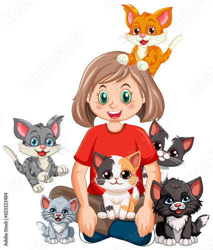 A girl with her cats in cartoon style