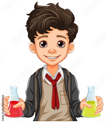 Male student cartoon holding conical flask on science class experiment