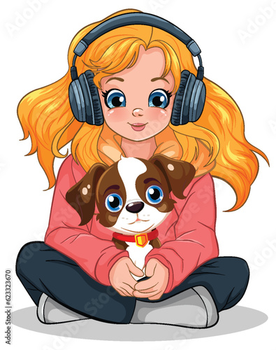 Girl holding pet sitting on the floor listening to music with headset