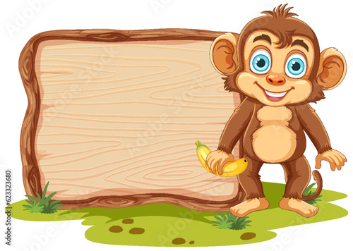 Cute Monkey with Empty Wooden Board