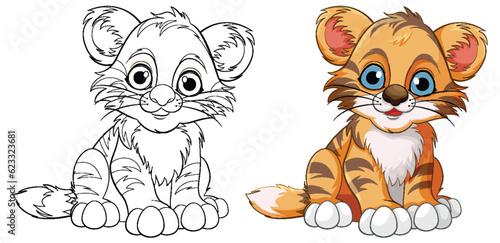 Cute Baby Tiger Cartoon Character Outline for Colouring