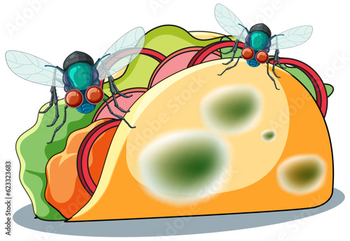Taco food decomposing with fly and mold