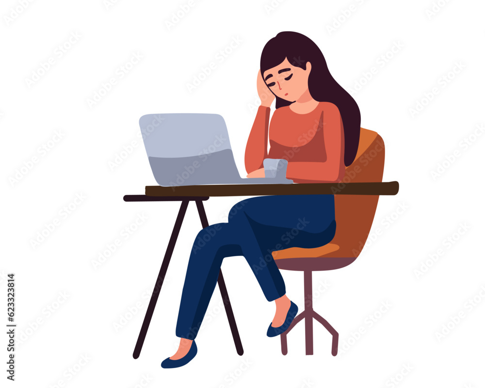 Woman with a headache is working with laptop computer, vector illustration Woman with a headache is working with laptop computer, vector illustration