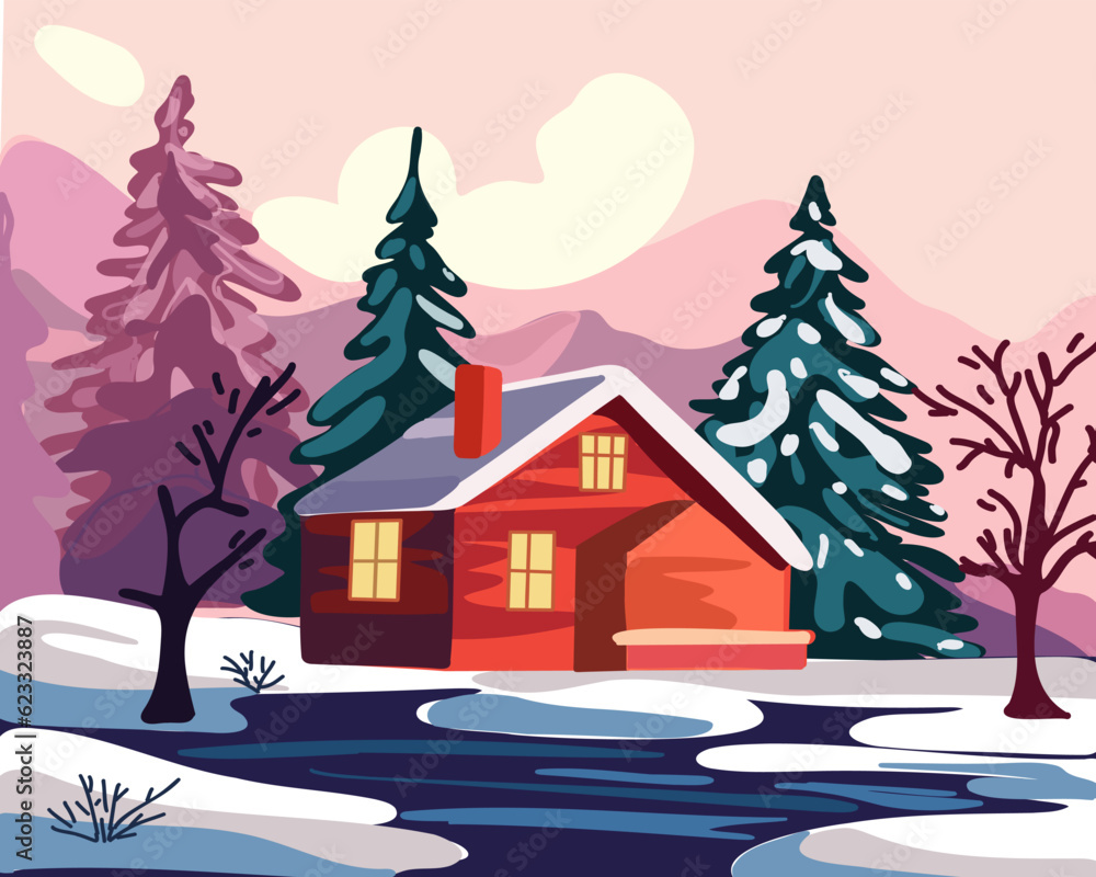 Winter rural landscape with fir trees, mountains, a river and a house. Vector illustration in flat style