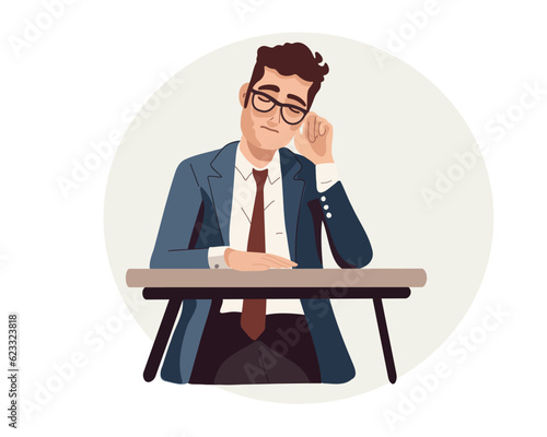 Tired men suffer from overwork, lack of energy. Exhausted young man sitting at the table and feeling tired or sleepy, vector illustration.