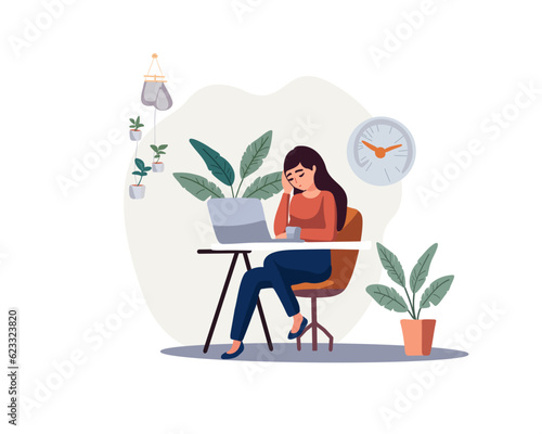 Tired business woman sleepy and bored from long sitting at the table and office syndrome, vector illustration