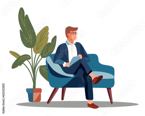 Man sitting on sofa near houseplant, vector illustration