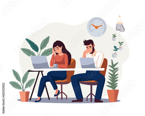 Portrait of a tired team of office workers sitting at a table, falling asleep after long hours of work, feeling overwhelmed, vector illustration