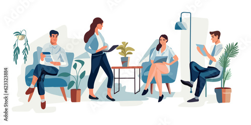 Office with employees in modern workspace. Working Office Employees, Coworking Open Area, Vector Illustration