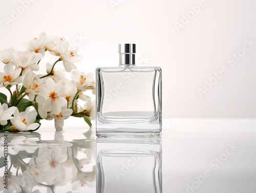 bottle of perfume on the water with flowers