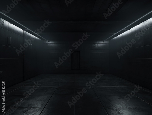 Futuristic dark room with glowing neon light