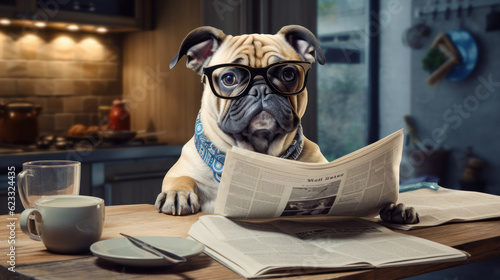 French Bulldog dog reading and holding a newspaper in kitchen photo
