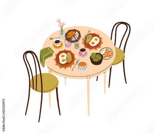 Dining table set for breakfast, served with healthy food, dish, morning meal,...