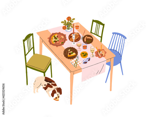 Dining table after dinner party with pizza, drink. Food scraps, leftovers on plates, snacks, beverages and cute dog eating remaining dish. Flat graphic vector illustration isolated on white background