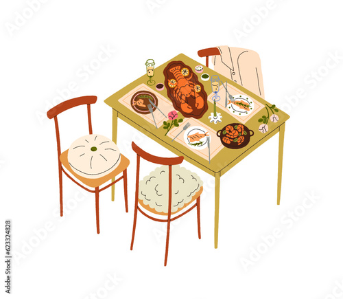 Dinner table served with holiday meal, seafood dishes. Festive sea food, shrimps snacks, lobster and alcohol drinks, beverages, champagne, plates. Flat vector illustration isolated on white background