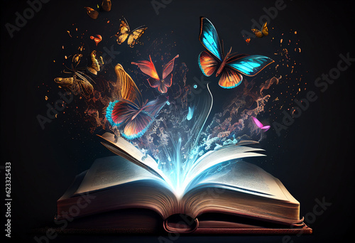 Opened magic fantasy book with magical flying butterflies above upwards generative ai