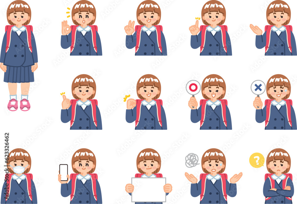 ランドセルを背負った女子小学生 表情とジェスチャーのイラスト素材セット ランドセルを背負った女子小学生 表情とジェスチャーのイラスト素材セット