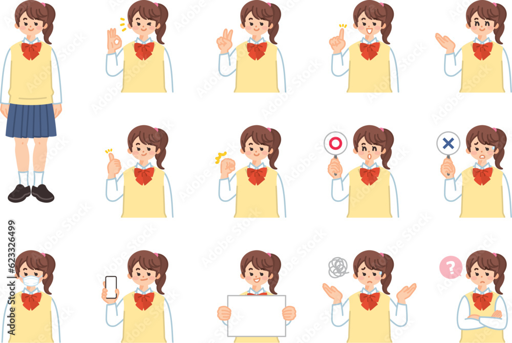 女子高校生　女子中学生　表情とジェスチャーのイラスト素材セット