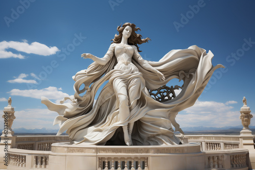 Holy goddess of love antique monumental statue, a beautiful woman, white marble, cinematic, blue sky background. AI Generative photo