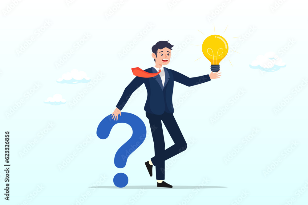 Smart businessman holding question mark sign and light bulb solution, question and answer, q and a or solution to solve problem, FAQ frequently asked question, help or creative thinking idea (Vector) Smart businessman holding question mark sign and light bulb solution, question and answer, q and a or solution to solve problem, FAQ frequently asked question, help or creative thinking idea (Vector)