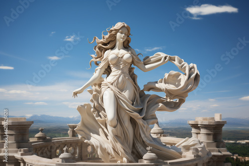 Tela Holy goddess of love antique monumental statue, a beautiful woman, white marble, cinematic, blue sky background
