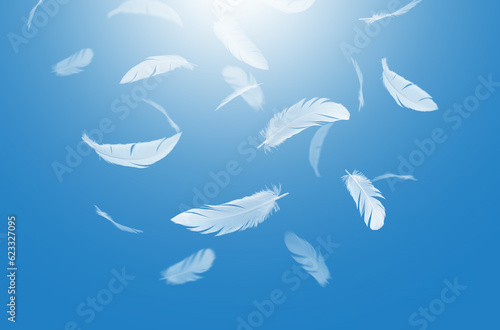 Abstract White Bird Feathers Falling in The Sky. Feathers Floating in Heavenly.
