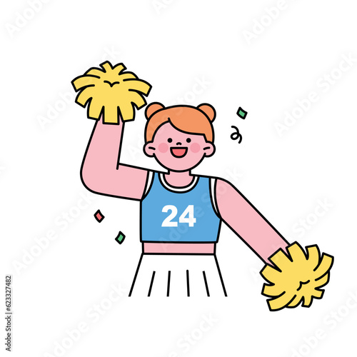 A cute cheerleader is holding a pom pom and cheering. outline simple vector illustration.