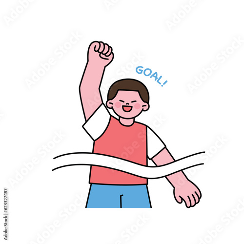 A runner is delighted to come into first place at the finish line. outline simple vector illustration.