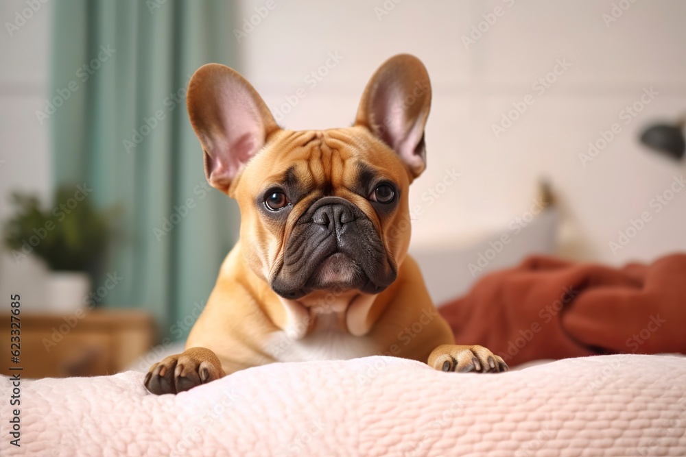 Cute French bulldog in a bedroom, closeup. AI Generative