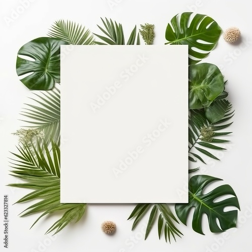 Frame with leaves.  Summer tropical leaves and blank frame with copy space on white background. Generative AI © MstAsma