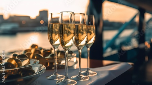 Luxury evening party on a cruising yacht with a champagne setting. Champagne glasses and bottles with champagne with bokeh yacht in the background, nobody. AI Generative