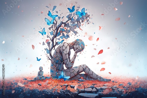 Life and freedom and hope concept , Imagination of surreal scene flower with broken human sculpture, digital artwork illustration. AI Generative