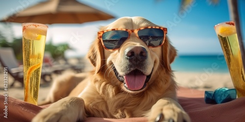 Golden Retriever dog is on summer vacation at seaside resort and relaxing rest on summer beach of Hawaii. AI Generative