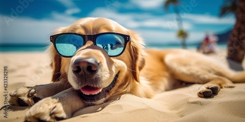 Golden Retriever dog is on summer vacation at seaside resort and relaxing rest on summer beach of Hawaii. AI Generative © MstAsma