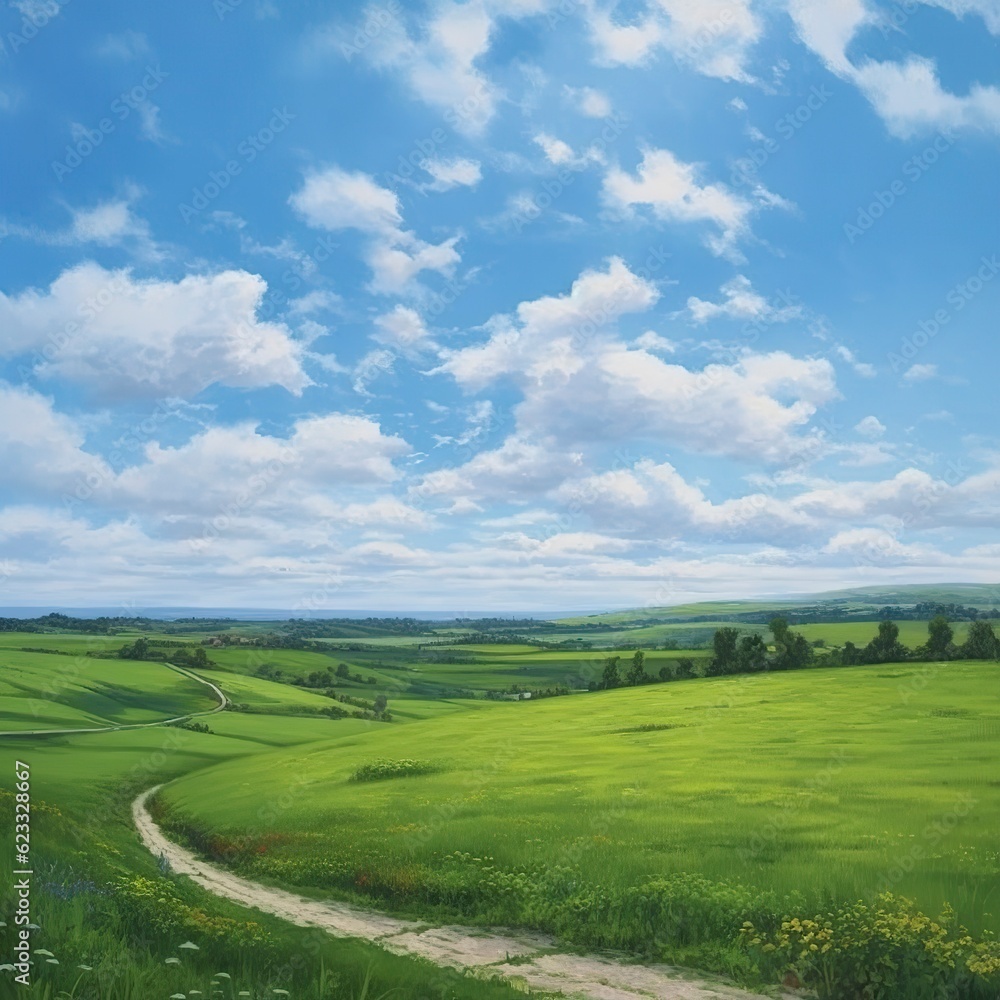 Fototapeta premium Green Fields, Rolling Hills, Spring Landscape under Blue Sky. AI Generative